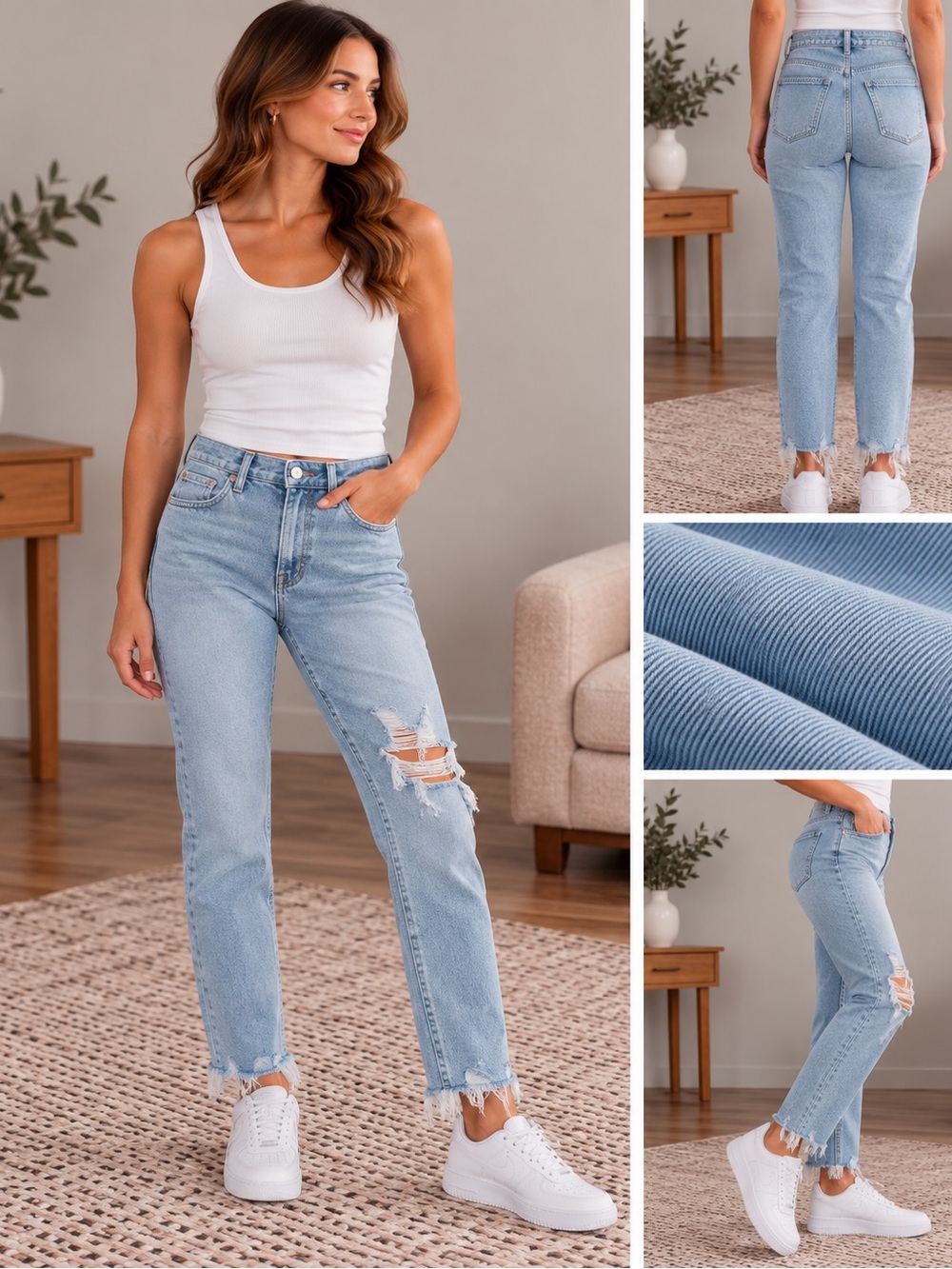 American Eagle Outfitters Light Blue Straight-Leg Distressed Jeans